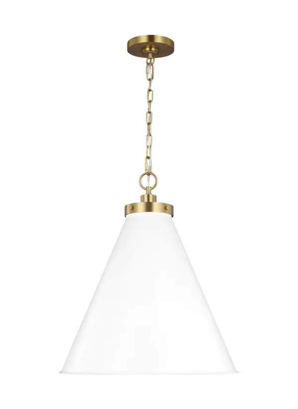 The Wellfleet pendant by Chapman & Myers blends utility-inspired design with sophisticated finishes. The generous 19.5-inch matte white dome paired with burnished brass hardware creates visual warmth while maintaining clean lines.