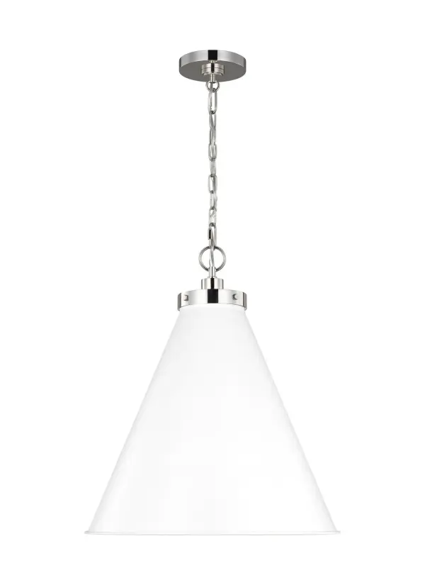 The Wellfleet pendant by Chapman & Myers combines industrial factory lighting heritage with modern farmhouse sensibility. Its crisp matte white dome shade paired with polished nickel hardware creates a clean, versatile look that works across traditional and contemporary spaces.