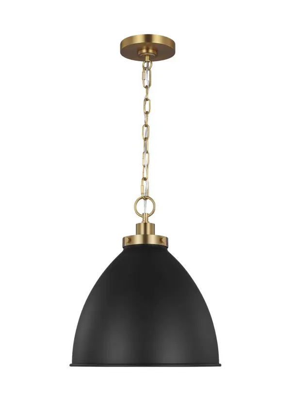 The Wellfleet pendant by Chapman & Myers brings timeless factory-inspired design with a sophisticated twist. The midnight black dome shade paired with burnished brass hardware creates visual interest while maintaining versatility across traditional and modern spaces.