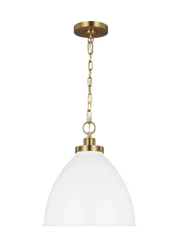 The Wellfleet pendant by Chapman & Myers delivers authentic industrial charm with its factory dome silhouette and contrasting matte white shade paired with burnished brass hardware. Versatile sizing and clean lines make it equally at home over kitchen islands or dining tables.