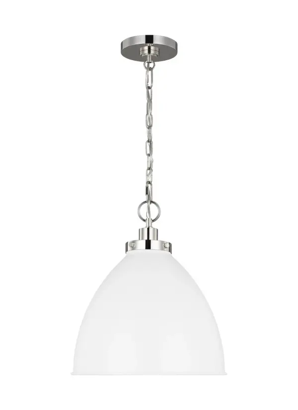 The Wellfleet pendant by Chapman & Myers brings factory-inspired charm with a clean matte white dome shade and polished nickel hardware. Its 15.6" width makes it ideal for kitchen islands and dining areas, while the adjustable chain allows customization for various ceiling heights.