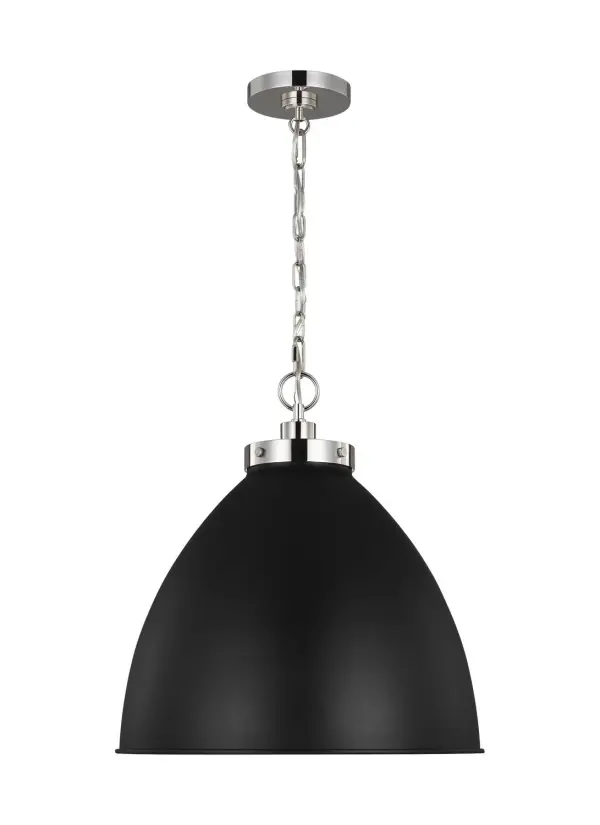 The Wellfleet pendant by Chapman & Myers blends industrial utility with refined details. The midnight black dome shade paired with polished nickel hardware creates sophisticated contrast perfect for modern farmhouse and transitional spaces.