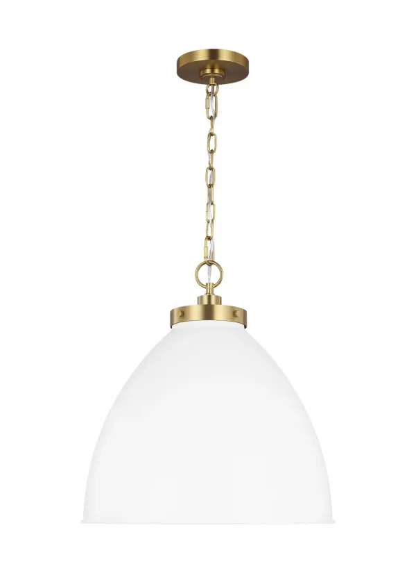 The Wellfleet pendant by Chapman & Myers delivers authentic industrial-farmhouse style with its matte white dome shade and burnished brass hardware. Versatile sizing and adjustable chain make it ideal for kitchen islands and dining spaces.