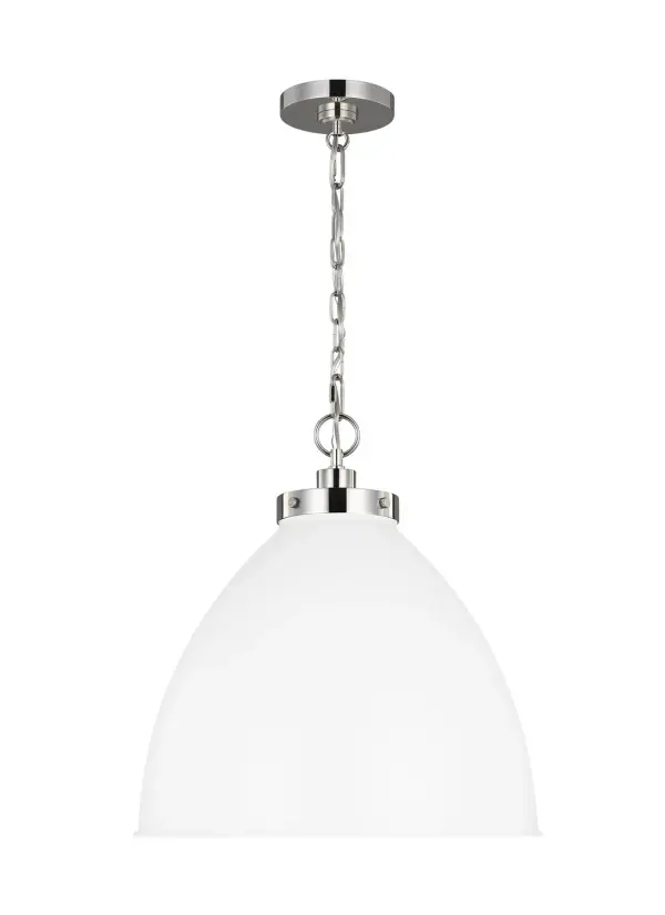 The Wellfleet pendant by Chapman & Myers brings timeless factory and barn lighting aesthetics to modern spaces. Its crisp matte white dome paired with polished nickel hardware offers a fresh take on industrial design.