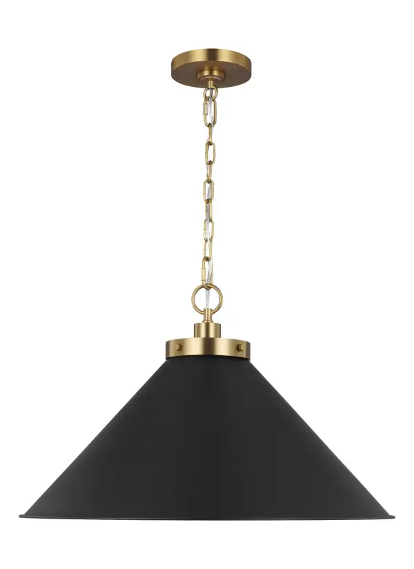 The Wellfleet pendant combines timeless factory-inspired design with refined two-tone finishes. Its generous 23.5-inch dome shade makes a bold statement while the burnished brass collar adds warmth to the industrial silhouette.