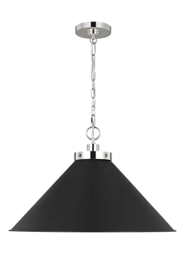 The Wellfleet pendant combines utilitarian factory styling with sophisticated detailing. Its generous 23.5-inch dome shade in midnight black paired with polished nickel hardware creates visual interest while providing ample task lighting.