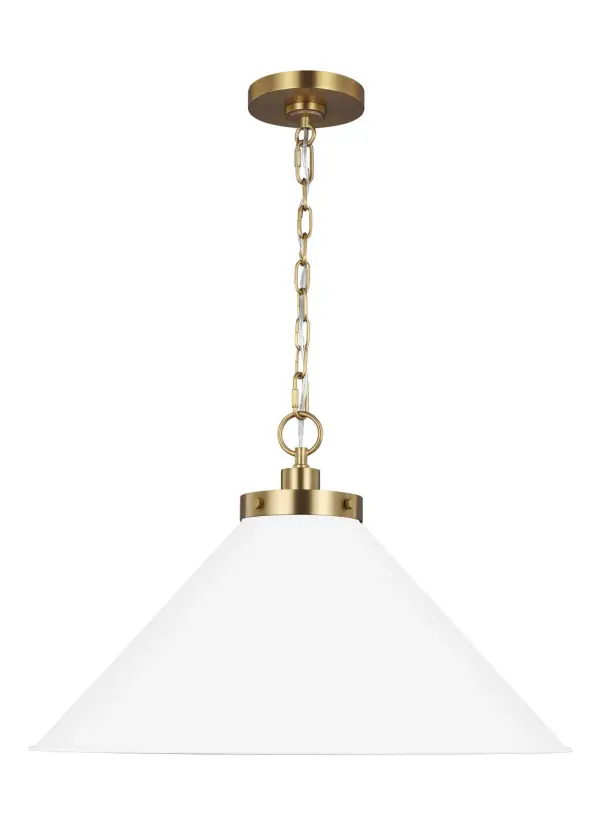 The Wellfleet pendant by Chapman & Myers brings factory-inspired charm with its generous 23.5-inch dome shade in crisp matte white, beautifully contrasted by burnished brass hardware. Versatile enough for modern farmhouse or industrial spaces.