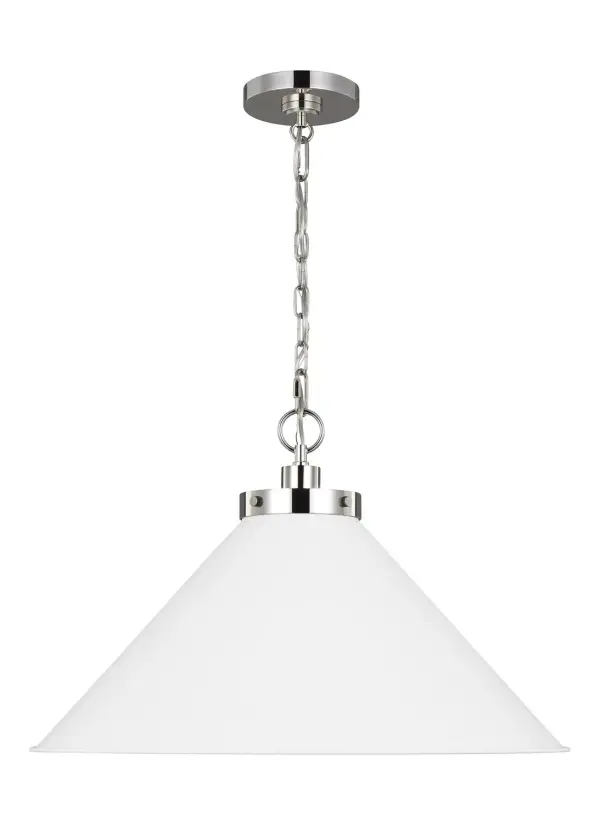 The Wellfleet pendant by Chapman & Myers blends industrial factory lighting with farmhouse charm. Its generous 23.5-inch matte white dome shade paired with polished nickel hardware creates a clean, versatile look that works across traditional and contemporary spaces.