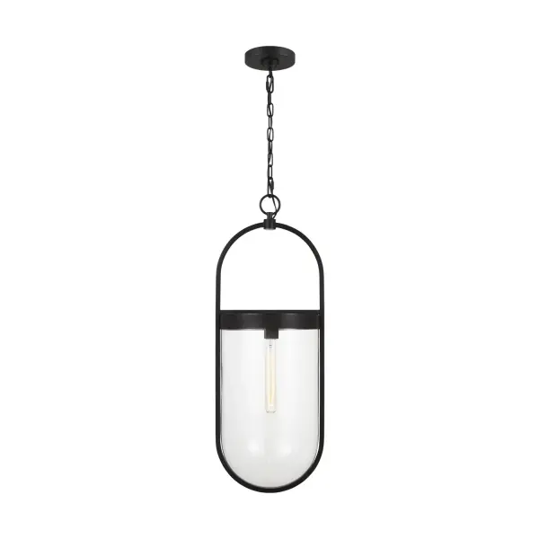 The Blaine pendant reimagines the traditional glass lantern with a distinctive oval frame and aged iron finish. Its compact 11.5" width makes it ideal for kitchen islands or clustered installations, while the clear glass and exposed bulb design adds vintage charm.