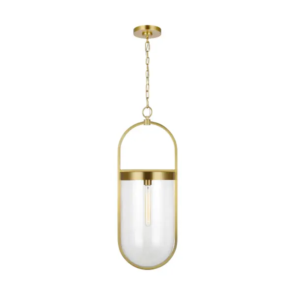The Blaine pendant by Chapman & Myers reimagines the traditional glass smoke bell lantern with a contemporary oval frame and warm burnished brass finish. Its compact 11.5-inch width makes it ideal for kitchen islands, entryways, and dining spaces.
