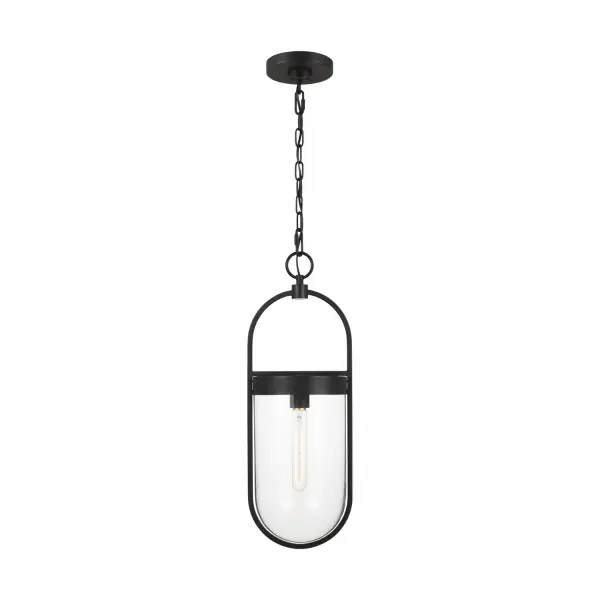 The Blaine pendant reimagines the traditional glass lantern with a distinctive oval frame and aged iron finish. Its compact 8-inch width makes it perfect for multiples over islands or as a solo accent in smaller spaces.