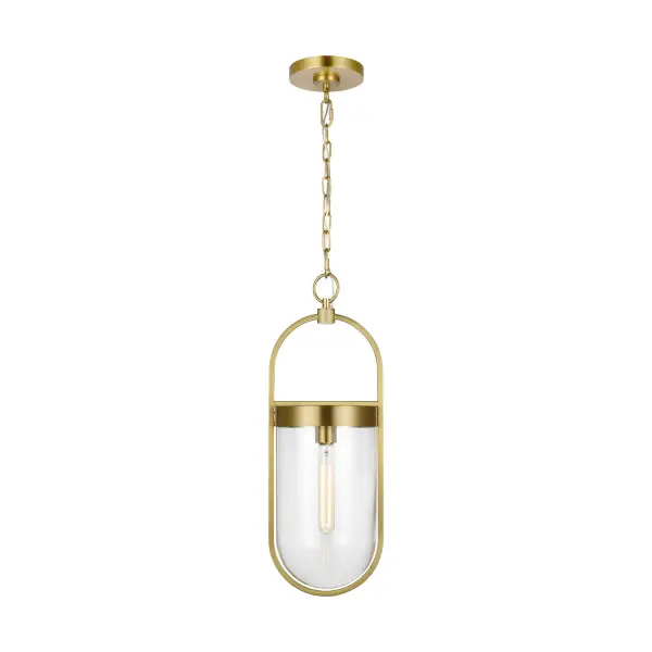 The Blaine pendant reimagines the traditional smoke bell lantern with a distinctive oval frame and burnished brass finish. Its compact 8-inch width makes it ideal for multiples over islands or as a single accent in smaller spaces.