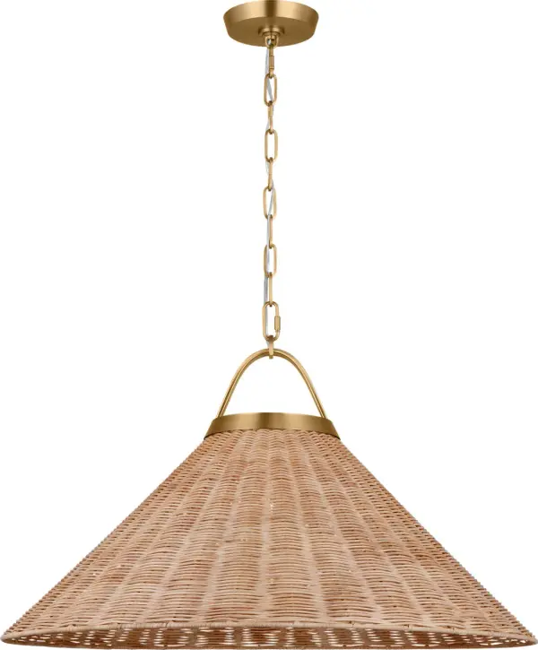 The Whitby pendant brings warmth and natural beauty with its handwoven blonde rattan shade and refined burnished brass hardware. Designed by Chapman & Myers, it balances casual coastal charm with sophisticated metalwork, making it versatile across traditional and modern interiors.