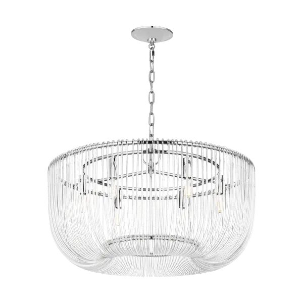 The Pierce Medium Pendant reimagines traditional crystal basket chandeliers with individually bent acrylic rods that create a sophisticated, light-refracting effect. Perfect for adding elegant ambiance to formal and casual spaces alike.