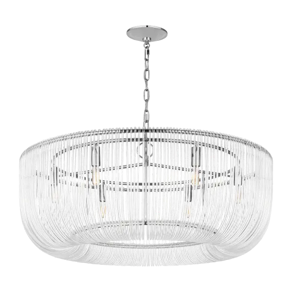 The Pierce Large Pendant reimagines traditional crystal basket chandeliers with individually bent acrylic rods that create a scintillating light display. Each rod is meticulously looped and hooked onto the polished nickel frame, offering timeless elegance with contemporary materials.