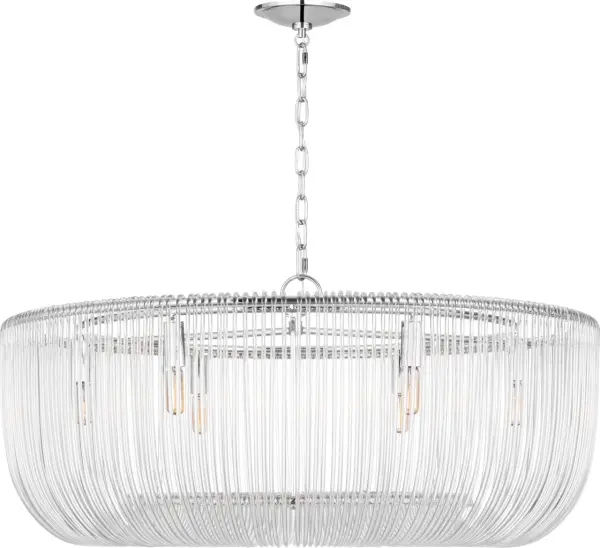 The Pierce Large Pendant reimagines traditional crystal basket chandeliers with individually bent acrylic rods that create a scintillating light display. Each rod is meticulously looped and hooked onto the polished nickel frame, offering timeless elegance with contemporary materials. - alternate view