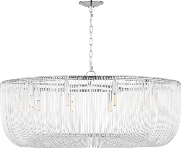 The Pierce Extra Large Pendant reimagines traditional crystal basket chandeliers with individually bent acrylic rods that hook onto a polished nickel frame. Candelabra bulbs refract light beautifully through the acrylic, creating an elegant focal point. - alternate view