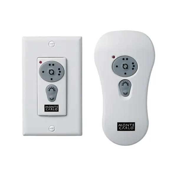This universal remote transmitter offers flexible control with both wall-mount and handheld operation modes. The compact white design integrates seamlessly into any room while providing reliable fan control when paired with compatible receivers.