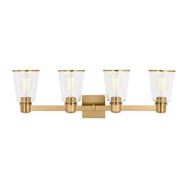 The Alessa vanity light by Chapman & Myers combines clean rectangular metal arms with tapered clear glass shades that beautifully frame vintage-style bulbs. The burnished brass finish adds warmth while the simple geometric design works across traditional and contemporary bathrooms.
