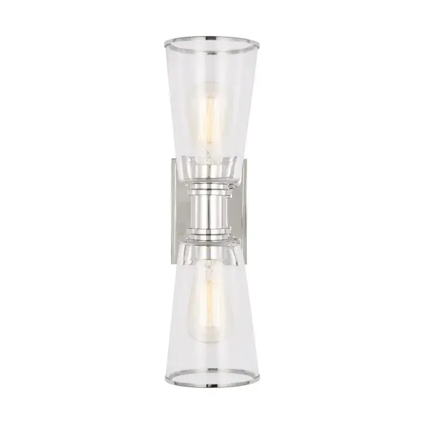 Chapman & Myers' Alessa brings refined simplicity to bathroom lighting with its polished nickel finish and tapered clear glass shades. The rectangular metal arms and conical glass create a sophisticated silhouette that works in both traditional and contemporary spaces.