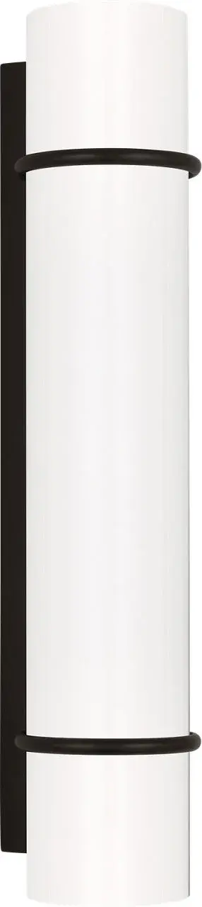 The Amelie LED vanity light combines vintage cuff bracelet-inspired metal rings with modern integrated LED technology. Its cylindrical milk glass shade provides even, flattering illumination perfect for bathroom vanities. - alternate view