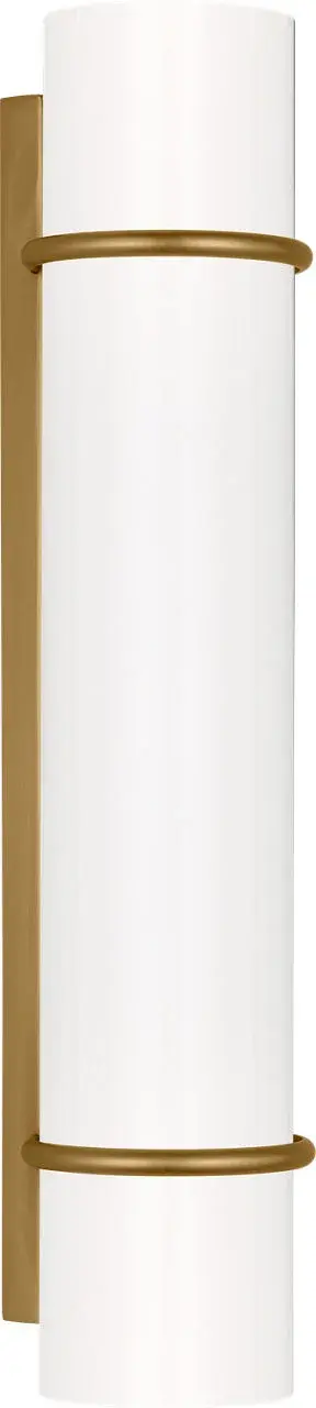 The Amelie LED vanity light combines vintage cuff bracelet-inspired metal rings with modern integrated LED technology. Its cylindrical milk glass shade provides even, flattering illumination perfect for bathroom vanities and powder rooms. - alternate view