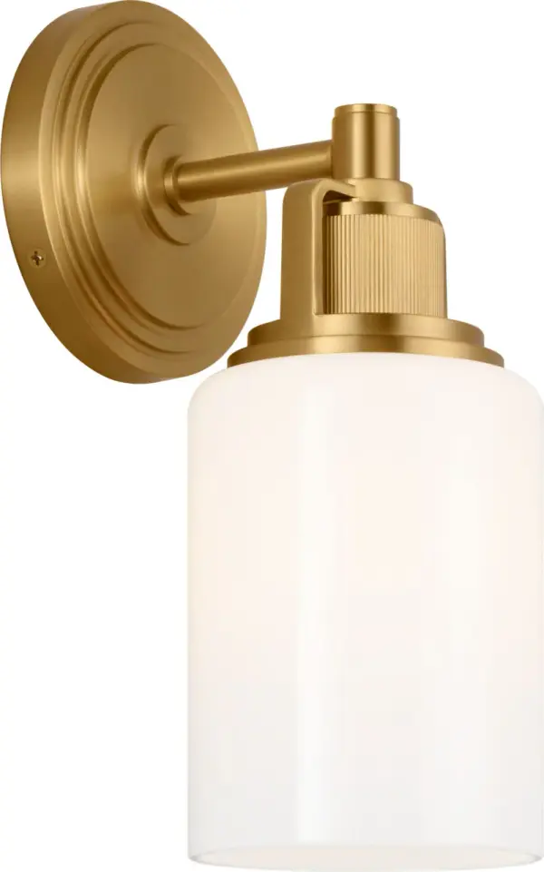 The Ashford 11" vanity light combines industrial detailing with refined craftsmanship. Its square arch bracket, circular collar, and vertically knurled socket cover create visual interest while the white cylindrical glass shade provides clean, functional illumination.