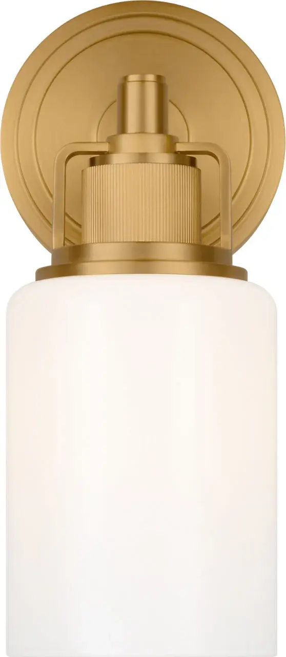 The Ashford 11" vanity light combines industrial detailing with refined craftsmanship. Its square arch bracket, circular collar, and vertically knurled socket cover create visual interest while the white cylindrical glass shade provides clean, functional illumination. - alternate view
