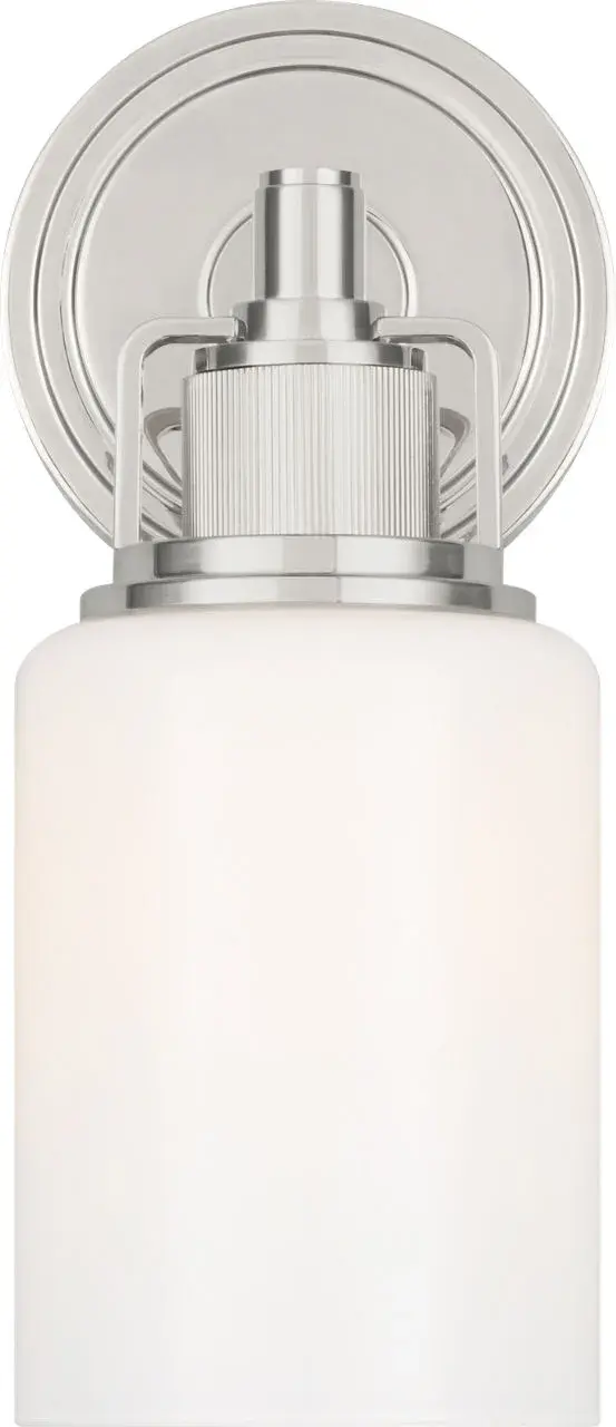 The Ashford 11" brings sophisticated industrial detailing to smaller bath spaces with its square arch bracket, circular collar, and vertically knurled socket cover. White cylindrical glass provides clean illumination while the open collar design allows upward light distribution.