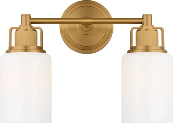 The Ashford 14" vanity light combines architectural clarity with sophisticated detailing. Its knurled accents and white cylindrical glass shade deliver both style and function, perfect for single vanities and guest baths.