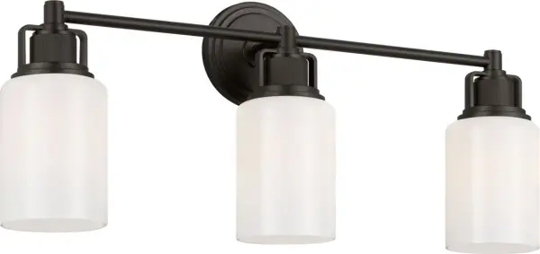 The Ashford 24" Bath combines industrial precision with refined simplicity through its square arch bracket, circular collars, and dual white cylindrical glass shades. Vertically knurled socket covers echo popular bath fittings. - alternate view