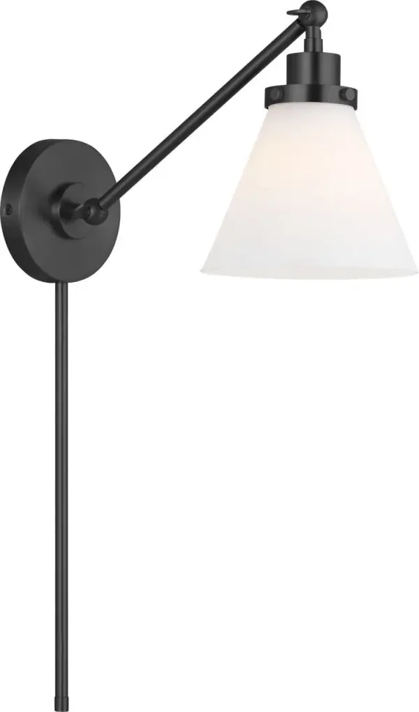 The Wellfleet sconce by Chapman & Myers brings authentic factory lighting character to modern spaces. Its midnight black steel dome and milk glass shade create warm, diffused light perfect for task or ambient applications.