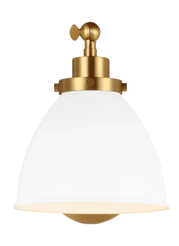 The Wellfleet wall sconce blends industrial heritage with refined farmhouse charm. Its matte white dome shade paired with burnished brass hardware creates a versatile fixture that works in both traditional and contemporary spaces.