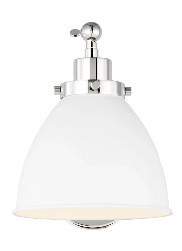 The Wellfleet wall sconce blends industrial heritage with refined finishes. Its matte white dome shade and polished nickel hardware create a versatile fixture that works in both traditional and contemporary spaces.