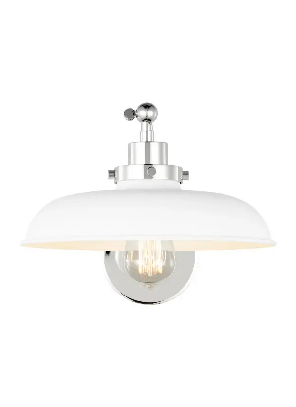 The Wellfleet sconce blends industrial heritage with refined finishes, featuring a matte white dome shade and polished nickel hardware. Its compact profile and versatile aesthetic work equally well in modern farmhouse bathrooms or transitional hallways.