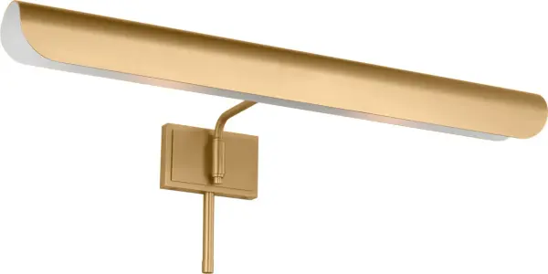 The Hull picture light brings maritime elegance with its unique single-piece bent metal shade inspired by ship hulls. The open-ended cylindrical design provides excellent light distribution while the pivoting backplate offers directional flexibility.