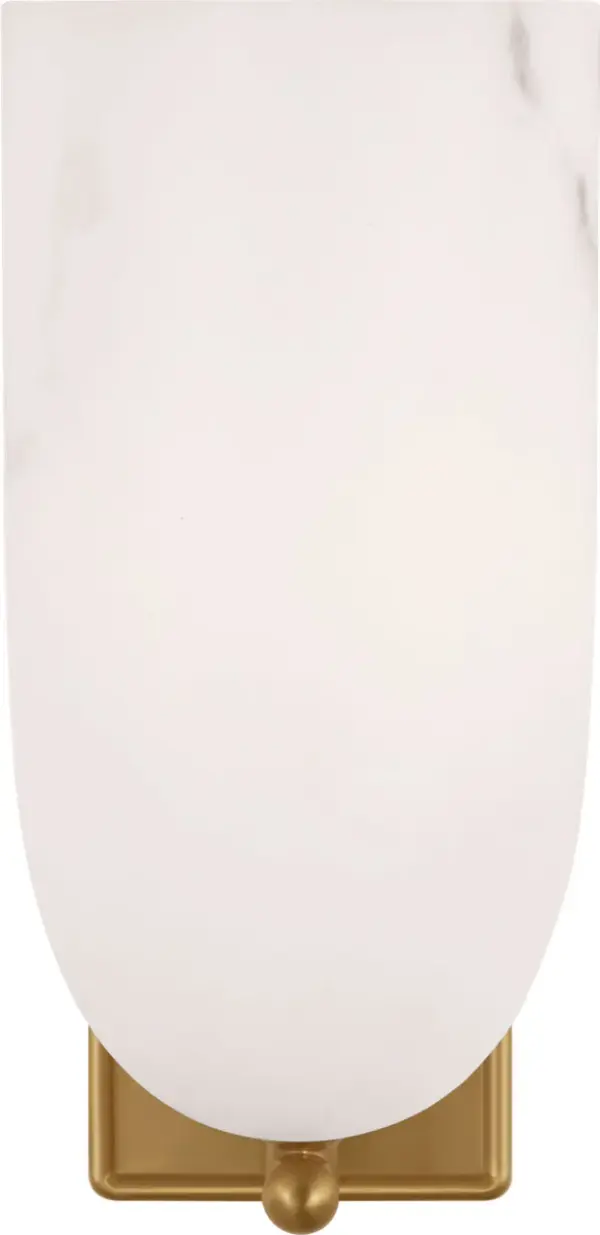 The Savina 12" Sconce celebrates organic beauty with its hand-shaped mineral opaline dome featuring natural veining. Each piece is unique, offering soft, diffused light perfect for intimate spaces. The minimal burnished brass frame adds warmth. - alternate view