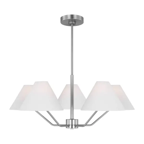 The Burke chandelier by Drew & Jonathan Scott brings contemporary mid-century style with bent arms and concealed sockets. White linen shades create soft ambient lighting perfect for modern dining and living spaces.