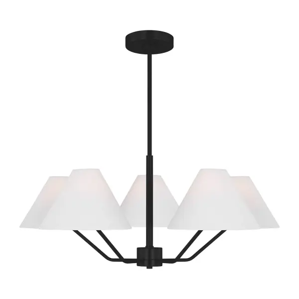 The Burke chandelier by Drew & Jonathan Scott brings contemporary mid-century style with bent arms and concealed sockets. White fabric cone shades create soft ambient lighting perfect for modern dining and living spaces.
