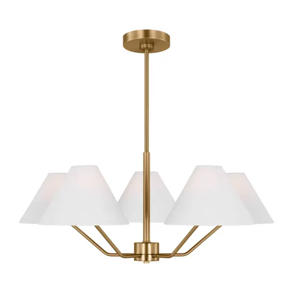 The Burke chandelier by Drew & Jonathan Scott reimagines mid-century style with bent arms and concealed sockets. White linen shades create soft ambient lighting perfect for modern dining and living spaces.
