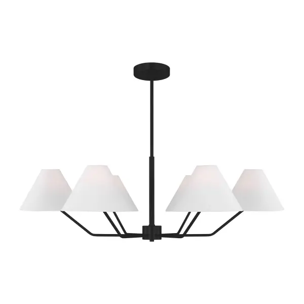 The Burke chandelier by Drew & Jonathan Scott brings contemporary mid-century style with its distinctive bent arm design and concealed sockets. White fabric cone shades create soft ambient lighting perfect for modern dining and living spaces.