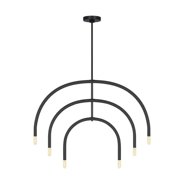 The Hadden chandelier brings artistic flexibility to modern lighting with its unique mobile-inspired form and adjustable arcing arms. The playfully proportioned center hub in Midnight Black creates elegant contrast while allowing customization.