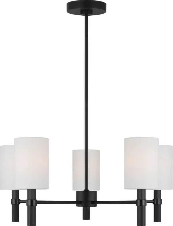 The Manor Medium Chandelier combines geometric sophistication with soft linen shades, creating a balanced fixture that works beautifully in both contemporary and traditional spaces. Its damp-rated construction and timeless design make it a versatile choice.