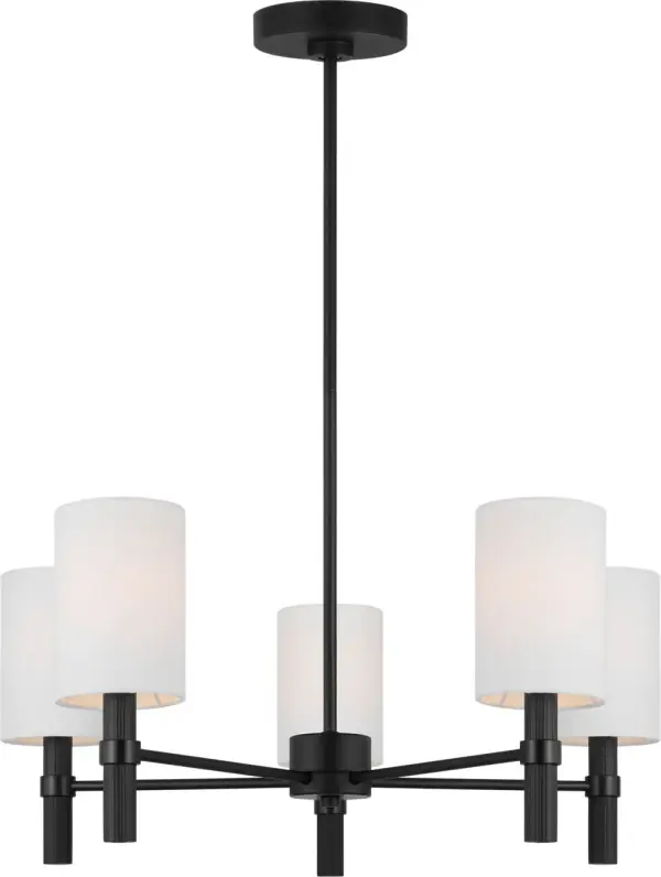 The Manor Medium Chandelier combines geometric sophistication with soft linen shades, creating a balanced fixture that works beautifully in both contemporary and traditional spaces. Its damp-rated construction and timeless design make it a versatile choice. - alternate view