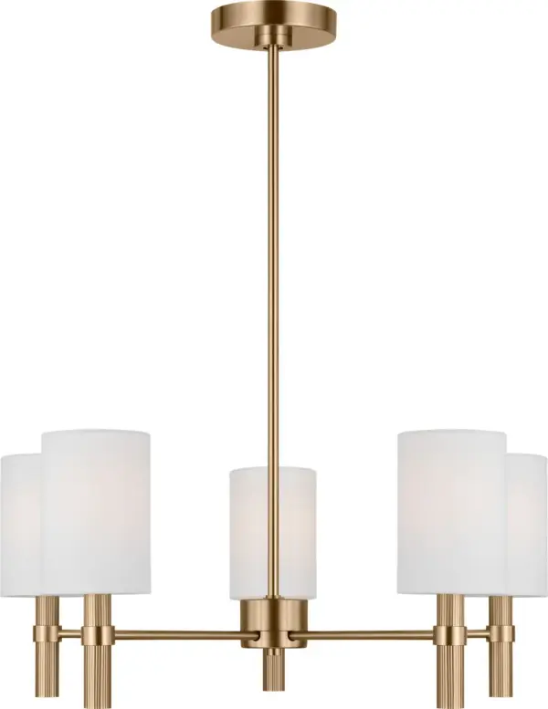 The Manor Medium Chandelier combines clean geometric lines with refined linen drum shades, creating a versatile piece that bridges contemporary and traditional design. Its five-light configuration and Satin Brass finish add warmth and elegance to any space.