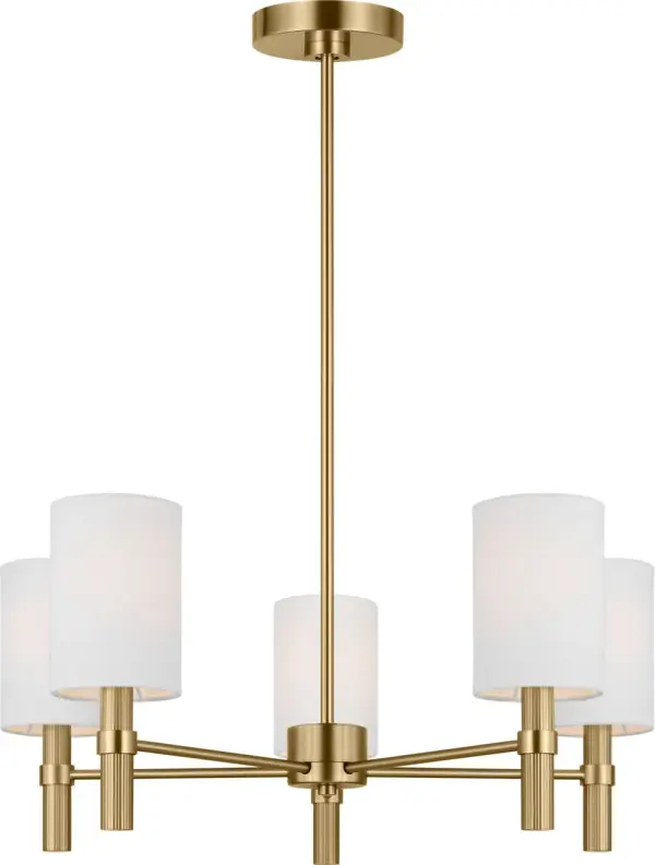The Manor Medium Chandelier combines clean geometric lines with refined linen drum shades, creating a versatile piece that bridges contemporary and traditional design. Its five-light configuration and Satin Brass finish add warmth and elegance to any space. - alternate view