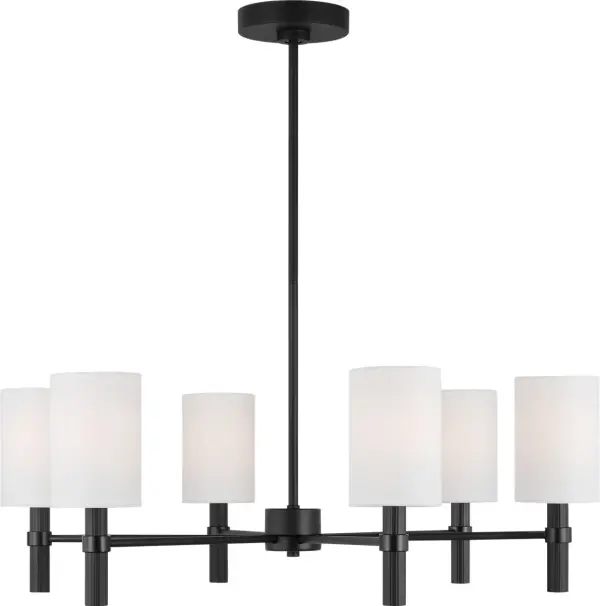 The Manor Large Chandelier combines modern minimalism with transitional elegance through six white linen drum shades and a sleek linear frame. Its Midnight Black finish adds dramatic contrast while providing soft, ambient light perfect for dining and entertaining spaces.