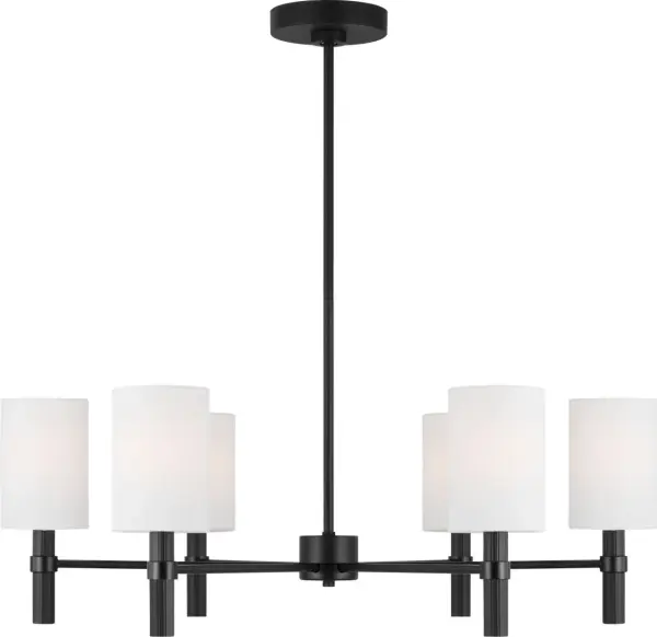The Manor Large Chandelier combines modern minimalism with transitional elegance through six white linen drum shades and a sleek linear frame. Its Midnight Black finish adds dramatic contrast while providing soft, ambient light perfect for dining and entertaining spaces. - alternate view