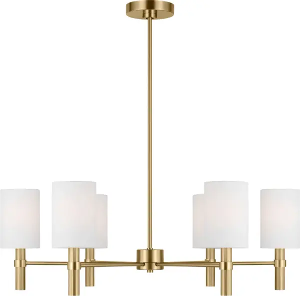 The Manor Large Chandelier combines modern minimalism with transitional elegance through six white linen drum shades and a clean linear frame. Its Satin Brass finish adds warmth while the damp rating ensures versatility. - alternate view