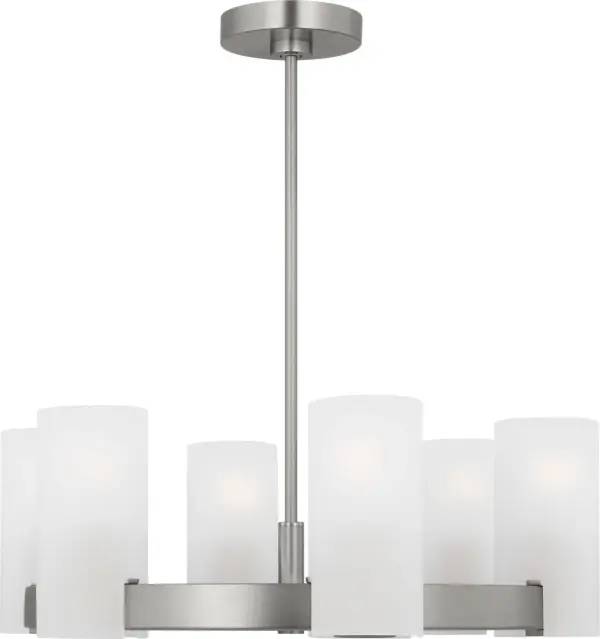 The Rhode Medium Chandelier combines clean lines with etched glass shades for a sophisticated yet approachable look. Its brushed steel finish and cylindrical design work beautifully in both modern and transitional spaces, offering soft ambient lighting perfect for dining areas and entryways.